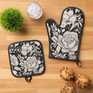 Vintage Floral Black and White Classic Oven Mitt & Pot Holder Set
