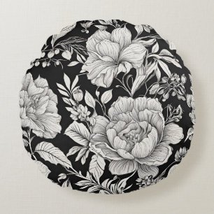 Vintage Floral Black and White Classic Round Pillow