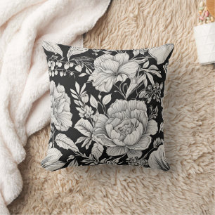 Vintage Floral Black and White Classic Throw Pillow