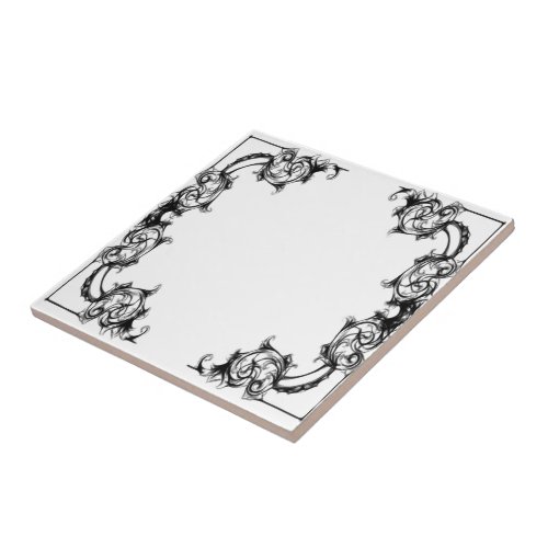 VINTAGE FLORAL BLACK AND WHITE DAMASK CERAMIC TILE