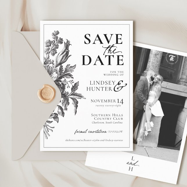 Vintage Floral Black and White Photo Boho Wedding Save The Date (Vintage romantic floral black and white elegant photo monogram classic modern wedding save the Date)