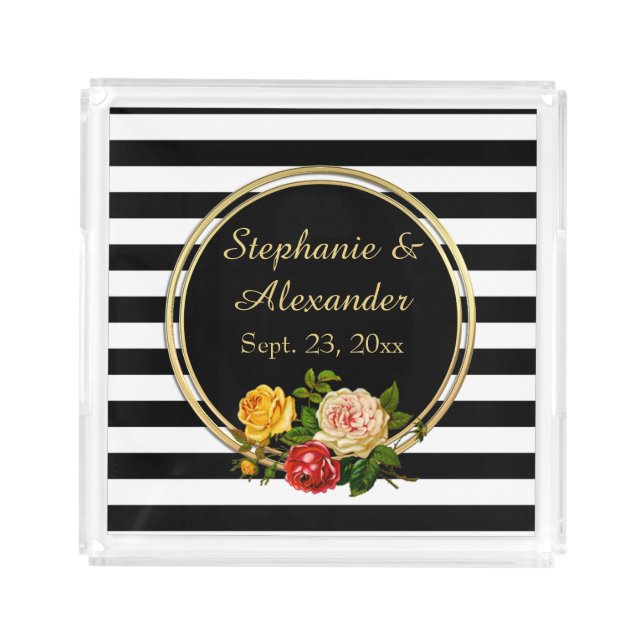 Vintage Floral Black and White Stripe Personalized Acrylic Tray (Front)