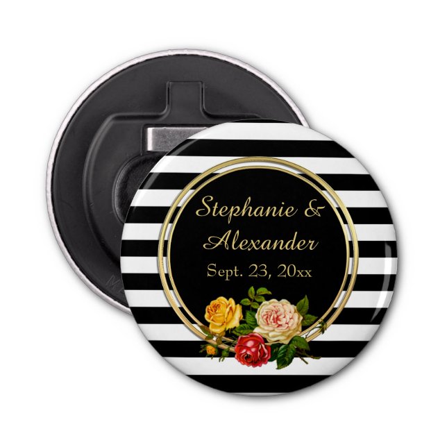Vintage Floral Black and White Stripe Personalized Bottle Opener (Front)