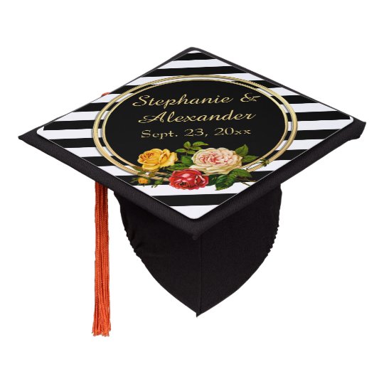 vintage floral black and white stripe personalized graduation cap