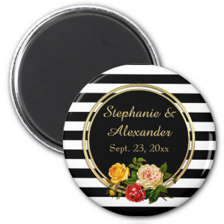 Vintage Floral Black and White Stripe Personalized Magnet