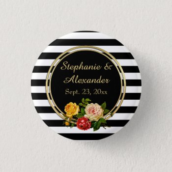 Vintage Floral Black And White Stripe Personalized Pinback Button by cutencomfy at Zazzle