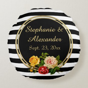 Vintage Floral Black And White Stripe Personalized Round Pillow by CustomInvites at Zazzle