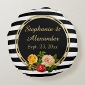 Vintage Floral Black and White Stripe Personalized Round Pillow (Back)