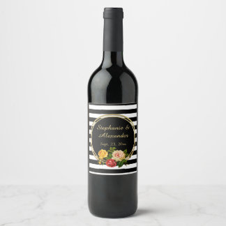 Vintage Floral Black and White Stripe Personalized Wine Label