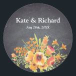Vintage Floral Black Chalkboard Wedding Classic Round Sticker<br><div class="desc">This is vintage style Wedding sticker. This wedding favor stickers feature is a floral with a monogram of the bride and groom names and wedding date and with a soft white chalk appearance on a rustic black board background with textured look.You can add your favorite photo. This is perfect gift...</div>