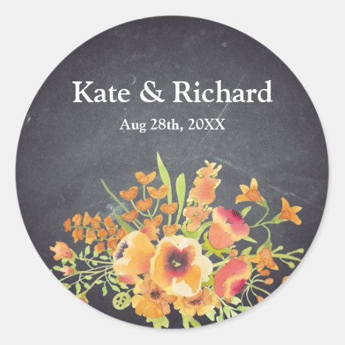 Vintage Floral Black Chalkboard Wedding Classic Round Sticker