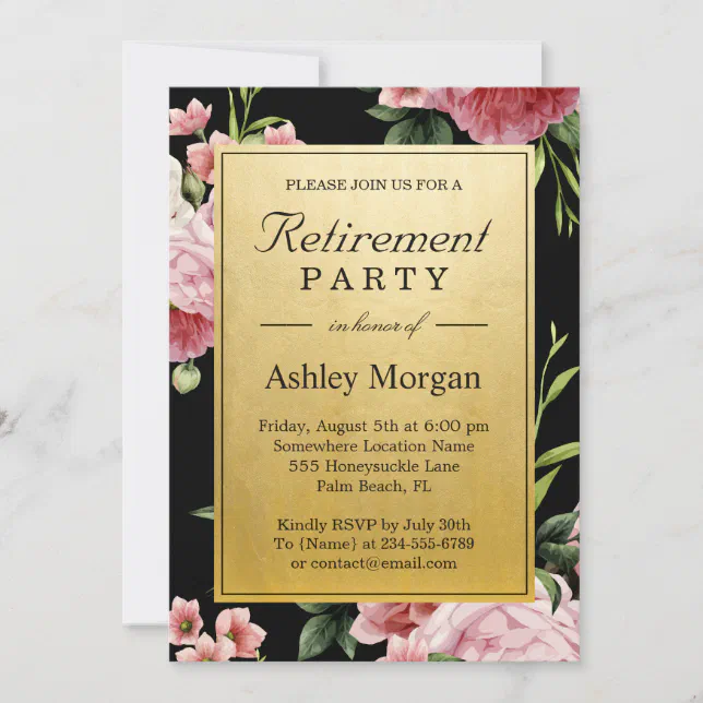 Vintage Floral Black Gold Classy Retirement Party Invitation | Zazzle