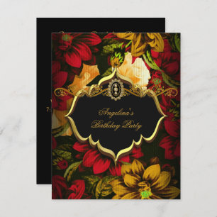 Vintage Floral Black Gold Red Birthday Party Invitation