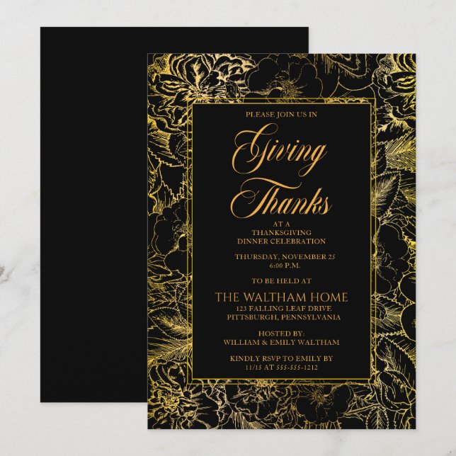Vintage Floral Black | Gold Thanksgiving Dinner Invitation (Front/Back)