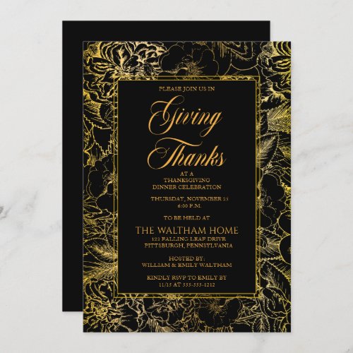 Vintage Floral Black  Gold Thanksgiving Dinner Invitation