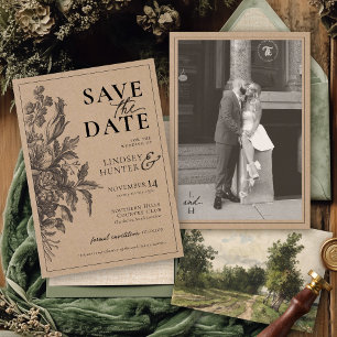 Vintage Floral Black Rustic Kraft Photo Wedding Save The Date