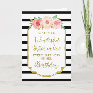 Vintage Floral Black Stripe Sister in law Birthday Card