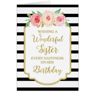 Vintage Floral Black Stripes Sister Birthday Card