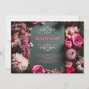 Vintage Floral Black Tie Flourish Pink Bat Mitzvah Invitation