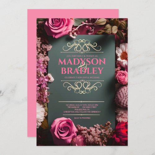 Vintage Floral Black Tie Flourish Pink Wedding Invitation