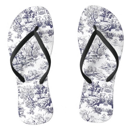 Vintage floral black toile de jouy flip flops