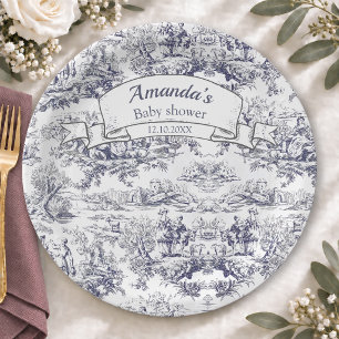 Vintage floral black toile de jouy monogram paper plates