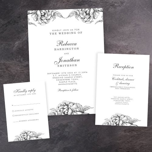 Vintage Floral Black White Botanical Wedding Invitation