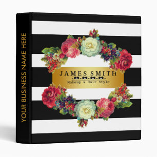 Vintage Floral Black White Gold Badge Striped 3 Ring Binder