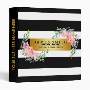 Vintage Floral Black White Gold Badge Striped Bind 3 Ring Binder