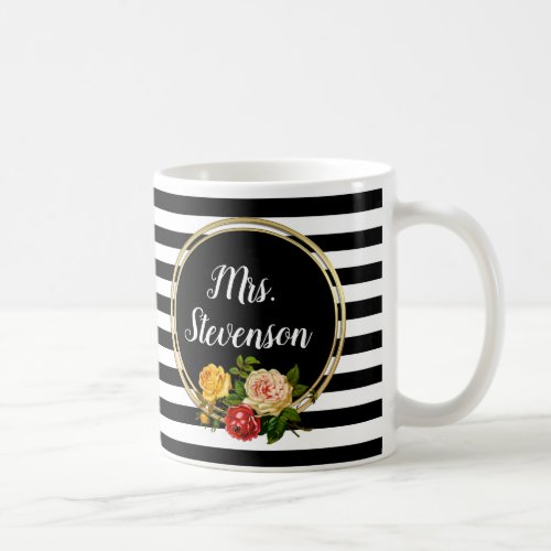 Vintage Floral Black White Personalized Teacher Coffee Mug