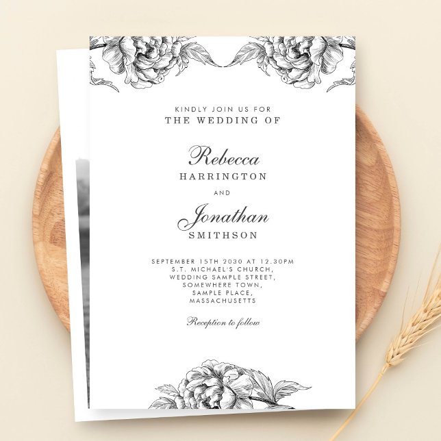 Vintage Floral Black White Photo Wedding Invitation (Creator Uploaded)