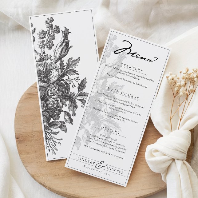 Vintage Floral Black & White Romantic Wedding Menu (Elegant black and white vintage floral bouquet 4x9 monogram botanical wedding reception dinner menu)