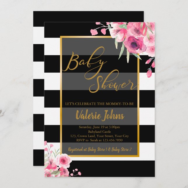 Vintage Floral Black White Stripe Invitation (Front/Back)