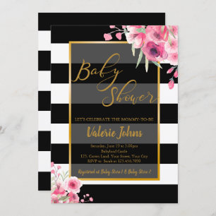 Vintage Floral Black White Stripe Invitation