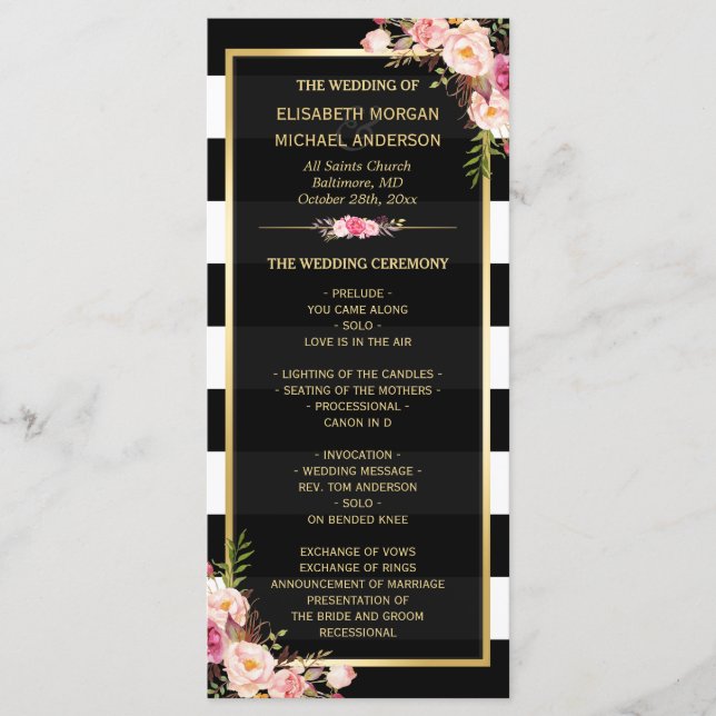 Vintage Floral Black White Striped Wedding Program (Front)