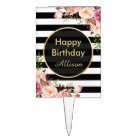 Vintage Floral Black White Stripes Happy Birthday