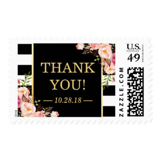 Vintage Floral Black White Stripes Thank You Postage