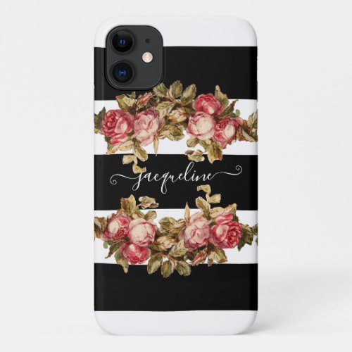 Vintage Floral Black White Stripes w Pink Roses iPhone 11 Case