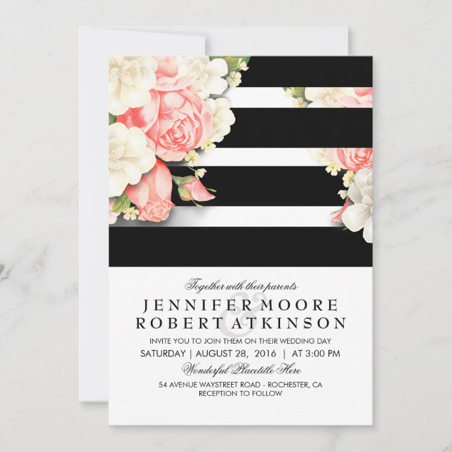 Vintage Floral Black White Stripes Wedding Invitation (Front)