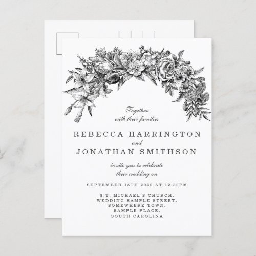 Vintage Floral Black White Wedding Invitation