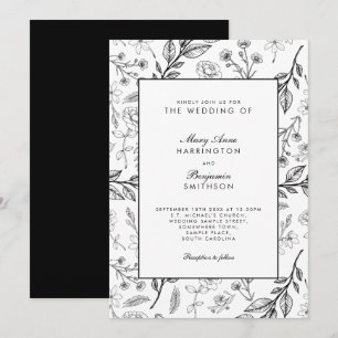 Vintage Floral Black White Wedding Invitation