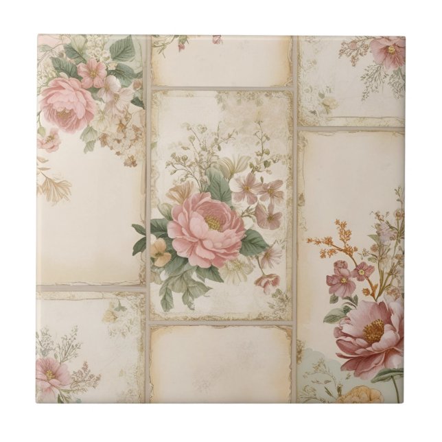 Vintage Floral Blocks Ceramic Tile (Front)