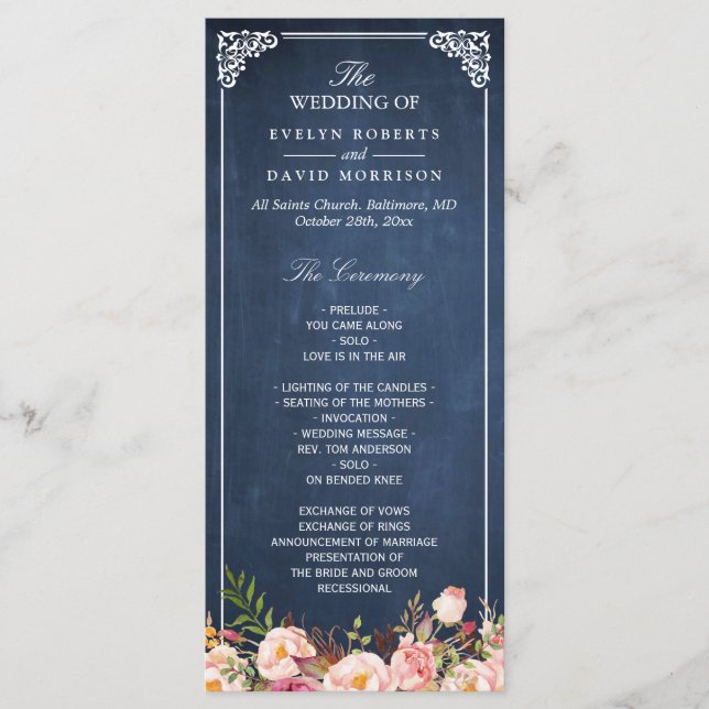 Vintage Floral Blue Chalkboard Wedding Program (Front)