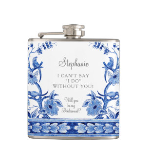 Vintage Floral Blue Chinoiserie Asian Bridesmaid Flask