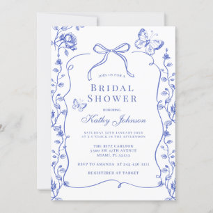 Vintage Floral Blue Chinoiserie Bow Bridal Shower  Invitation