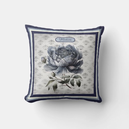Vintage floral Blue chinoiserie toile monogram  Throw Pillow