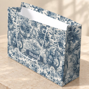 Vintage Floral Blue Damask Toile Monogram Large Gift Bag
