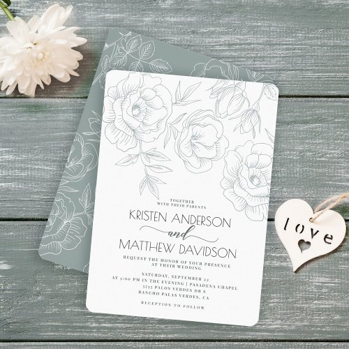 Vintage Floral Blue Grey Modern Wedding Invitation