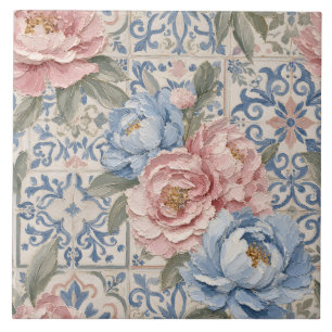 Vintage Floral Blue Pink Peony Tile Pattern