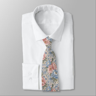 Vintage Floral Blue Pink Peony Tile Pattern Neck Tie